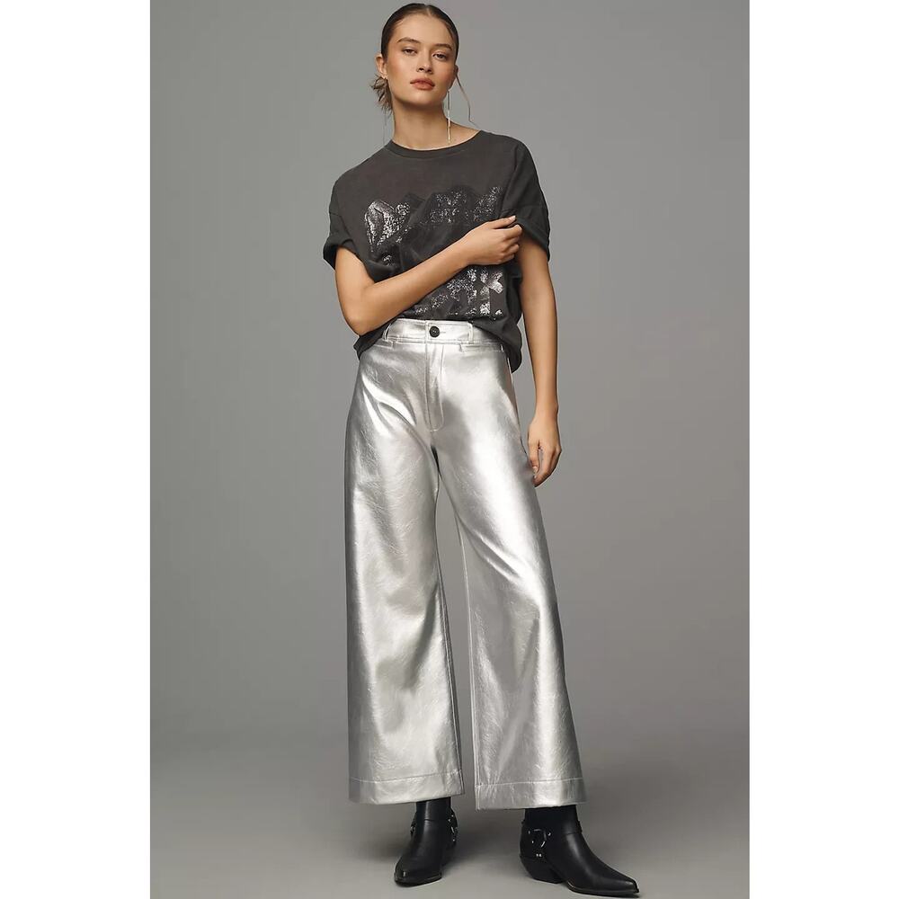NWT Maeve The Ettie HR Crop Faux-leather Wide-Leg Pants Sz 24P Silver #7D532 - Picture 1 of 10